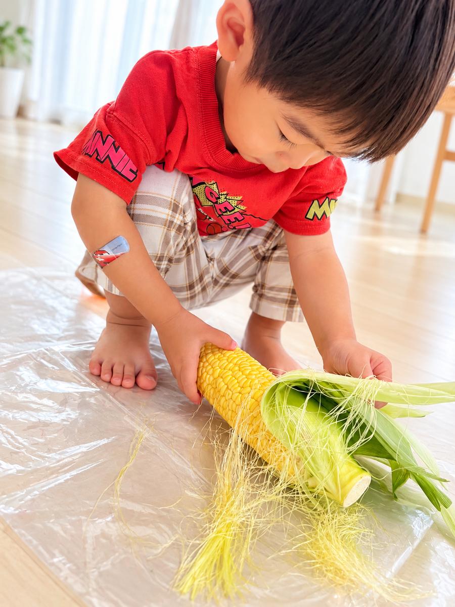 とうもろこしの皮をむく子ども（食育体験の様子）